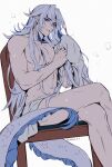  1boy bare_legs chair completely_nude crossed_legs dragon_boy dragon_tail genshin_impact highres holding looking_at_viewer male_focus neuvillette_(genshin_impact) nude simple_background sitting solo spoilers tail twitter_username white_background white_hair yoma_0_0 