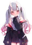  1girl absurdres blush grey_hair heart heart-shaped_pupils highres hololive horns ineka_ka long_hair looking_at_viewer multicolored_hair nakiri_ayame nakiri_ayame_(5th_costume) oni_horns pleated_skirt red_eyes red_hair shirt simple_background skirt solo streaked_hair sweatdrop symbol-shaped_pupils twintails virtual_youtuber white_background white_shirt 