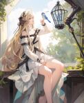  1girl arknights bare_legs bird birdcage blue_bird bonnet cage day dress forest highres horns horns_through_headwear horns_through_hood implied_extra_ears nature nightingale_(arknights) sitting sitting_on_object staff white_dress white_headwear window winter-ibis 