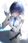  1girl aoi_(blue_archive) blue_archive blue_hair blue_necktie copyright_request flying_paper gloves halo highres kangshi long_sleeves mole mole_under_eye necktie paper pointy_ears short_hair white_gloves 