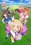  3girls :d admire_vega_(umamusume) animal_ears blonde_hair blurry boots brown_hair copyright copyright_name cross-laced_footwear crown depth_of_field ear_covers gloves grass hair_between_eyes highres horse_ears horse_girl horse_racing_track horse_tail lace-up_boots long_hair long_sleeves looking_at_viewer low_ponytail mini_crown multicolored_hair multiple_girls narita_top_road_(umamusume) necktie official_art open_mouth orange_hair purple_eyes ribbon running short_hair single_ear_cover smile streaked_hair t.m._opera_o_(umamusume) tail umamusume umamusume:_road_to_the_top white_gloves white_necktie white_ribbon yellow_eyes 