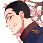  1boy black_hair blue_eyes blue_jacket branch buzz_cut character_request cherry_blossoms facial_tattoo facing_to_the_side flower golden_kamuy jacket kisaragireki light_smile looking_at_viewer male_focus military_jacket pink_flower portrait short_hair solo tattoo tree very_short_hair 