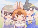  animal_ears black_hair blue_hair bow bowtie brown_eyes brown_hair common_dolphin_(kemono_friends) dhole_(kemono_friends) dress extra_ears fins glasses grey_eyes grey_hair head_fins highres japari_symbol kemono_friends kemono_friends_3 meerkat_(kemono_friends) multicolored_hair outdoors ribbon sailor_dress scarf shirt short_hair sleeveless sleeveless_shirt smile sweater two-tone_hair zzz_ansh 