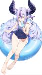  1girl absurdres arm_support bare_legs barefoot black_horns blue_one-piece_swimsuit blush braid braided_bangs breasts collarbone demon_horns feet food full_body hair_between_eyes hand_up highres holding holding_food holding_popsicle hololive horns innertube la+_darknesss legs light_purple_hair long_hair multicolored_hair name_tag on_innertube one-piece_swimsuit open_mouth pero_(peroneko0510) popsicle purple_hair simple_background sitting small_breasts solo streaked_hair striped_horns swept_bangs swimsuit teeth thighs toenails toes upper_teeth_only very_long_hair virtual_youtuber white_background yellow_eyes 