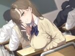  1girl 4boys blue_bow blue_bowtie blurry blurry_background blush bow bowtie breasts brown_cardigan cardigan chair classroom collared_shirt desk diagonal-striped_bow dutch_angle go-1 hand_up highres large_breasts long_hair long_sleeves looking_at_viewer multiple_boys original school_chair school_desk school_uniform shirt sitting smile solo_focus white_shirt yellow_eyes 