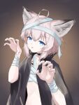  1girl ahoge animal_ears arknights bandages black_cape black_choker blue_eyes brown_background brown_hair cape choker claw_pose fox_ears fox_girl genjaku hair_between_eyes highres looking_at_viewer naked_bandage oripathy_lesion_(arknights) short_hair simple_background solo sussurro_(arknights) tongue tongue_out upper_body 