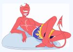  1_eye absurd_res big_scar cyclops demon feet hi_res horn male nipples no_shading on_cushion red_body scar sharp_teeth simple_background solo sweatpants tail teeth toes tongue tongue_out unknown_artist white_background 