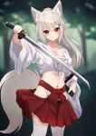  1girl absurdres animal_ears blurry blurry_background breasts chest_sarashi cleavage commentary_request forest fox_ears fox_girl fox_tail highres hinata_(user_rjkt4745) holding holding_sword holding_weapon japanese_clothes long_hair looking_at_viewer medium_breasts miko nature original sarashi solo standing sword tail thighhighs weapon white_hair white_thighhighs 