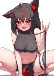  1girl absurdres ahoge animal_ear_fluff animal_ears bare_arms bare_shoulders black_collar black_hair black_shirt black_shorts blush breasts collar commentary_request crop_top deaver fangs fox_ears fox_girl fox_shadow_puppet fox_tail highres holding holding_leash hololive kurokami_fubuki large_breasts leash looking_at_viewer medium_hair multicolored_hair navel open_mouth pentagram red_eyes red_hair shirt short_shorts shorts simple_background sleeveless sleeveless_shirt solo squatting stomach streaked_hair sweatdrop tail thigh_strap tiptoes virtual_youtuber white_background 