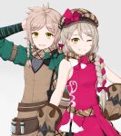  1boy 1girl :d absurdres bare_shoulders bow braid brother_and_sister clanne_(fire_emblem) fire_emblem fire_emblem_engage framme_(fire_emblem) gloves grey_background grey_hair grin hand_on_own_head hat highres long_hair long_sleeves looking_at_viewer one_eye_closed open_mouth pazuzu438 ribbon scarf short_hair siblings simple_background single_braid sleeveless smile twins upper_body yellow_eyes 