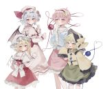  4girls :d \||/ aged_down back_bow bat_wings blue_shirt blush bow expressionless feet_out_of_frame finger_to_mouth flandre_scarlet floppy_sleeves hair_between_eyes hair_ornament hairband hand_up hat heart heart_hair_ornament heart_of_string height_difference highres komeiji_koishi komeiji_satori looking_back mob_cap multiple_girls pink_hair pink_skirt remilia_scarlet shirt siblings simple_background sisters skirt sleeves_past_fingers sleeves_past_wrists smile sorani_(kaeru0768) standing third_eye touhou white_background white_bow wings yellow_bow yellow_shirt 