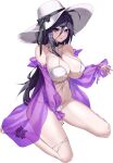 1girl ahoge ankleband bare_shoulders barefoot between_breasts bikini black_choker black_nails black_ribbon breasts choker cleavage collarbone covering covering_crotch criss-cross_halter d-log frilled_choker frilled_shawl frills full_body hair_between_eyes halterneck hat hat_ribbon hela_(last_origin) highleg highleg_swimsuit large_breasts last_origin linea_alba long_hair looking_at_viewer messy_hair nail_polish navel official_alternate_costume official_art open_mouth purple_eyes purple_hair purple_shawl ribbon see-through_shawl shawl simple_background sitting skindentation string_bikini sun_hat swimsuit tachi-e thigh_strap third-party_source transparent_background wariza white_bikini white_headwear 