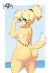  absurd_res animal_crossing anthro big_butt blonde_hair brown_eyes butt canid canine canis clothing dipstick_hair dipstick_tail domestic_dog eye_through_hair eyebrow_through_hair eyebrows female fur hair hi_res isabelle_(animal_crossing) looking_at_viewer mammal markings multicolored_body multicolored_fur multicolored_hair nintendo ponytail raised_tail rear_view shih_tzu simple_background smile smiling_at_viewer solo tail tail_markings thong toy_dog translucent translucent_hair two_tone_body two_tone_fur two_tone_hair underwear zelripheth 