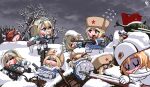  6+girls absurdres black_footwear blonde_hair blood blood_from_mouth blood_on_face blue_eyes blue_hairband bolt_action boots brown_hair capelet chibi chtv clone drum_magazine fur-trimmed_capelet fur_hat fur_trim girls&#039;_frontline gun hair_between_eyes hair_bun hair_ornament hairband hat highres holding holding_gun holding_weapon light_brown_hair long_hair low_twintails ls26_(girls&#039;_frontline) machine_gun magazine_(weapon) military_vehicle mosin-nagant mosin-nagant_(girls&#039;_frontline) motor_vehicle multiple_girls outdoors panties pantyhose ppsh-41 ppsh-41_(girls&#039;_frontline) red_flag red_star rifle sidelocks single_side_bun skirt snowflake_hair_ornament star_(symbol) striped striped_skirt submachine_gun suomi_(girls&#039;_frontline) suomi_kp/-31 tank thighhighs trench twintails underwear ushanka vertical-striped_skirt vertical_stripes war weapon white_footwear white_panties white_pantyhose white_skirt white_thighhighs 