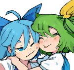  2girls ahoge blue_eyes blue_hair blush bow cheek-to-cheek cirno closed_eyes daiyousei embodiment_of_scarlet_devil green_hair hair_bow hair_ribbon heads_together multiple_girls one_eye_closed portrait ribbon short_hair short_sleeves side_ponytail smile sweat thick_eyebrows tongue tongue_out touhou unamused yoshiyuki_(14330975) 