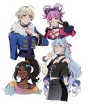  1boy 3girls ;) ;p ahoge bare_shoulders black_bow black_choker black_gloves black_hair black_shirt black_skirt blonde_hair blue_eyes blue_hair blue_jacket blue_shirt bow choker commentary cone_hair_bun cropped_jacket facial_mark fire_emblem fire_emblem_engage fur-trimmed_jacket fur_trim gloves hair_bun hair_rings heart highres hortensia_(fire_emblem) jacket jewelry long_hair long_sleeves looking_at_viewer merrin_(fire_emblem) multicolored_hair multiple_girls neck_ring off-shoulder_shirt off_shoulder official_alternate_costume one_eye_closed oratoza otoko_no_ko pink_eyes pink_hair pink_jacket pleated_skirt polka_dot polka_dot_bow ponytail purple_shirt rosado_(fire_emblem) shirt short_hair skirt smile streaked_hair symbol-only_commentary timerra_(fire_emblem) tongue tongue_out v 