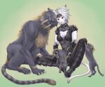 1girl :3 animal_ear_fluff animal_ears ark_angel ark_angel_mr armor black_armor breasts cactus41747280 cat_ears cat_girl cat_tail cleavage closed_mouth colored_skin cub fang fang_out final_fantasy final_fantasy_xi gradient_background grey_hair hair_intakes heads_together highres medium_breasts mithra_(ff11) sabertooth_cat short_hair sitting smile solo tail white_skin white_tail 