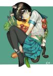  1girl absurdres animal_ear_fluff animal_ears asparagus between_legs black_hair black_pantyhose blue_eyes blue_sailor_collar blue_skirt blush cable_tie carrot cat_ears cat_girl cat_tail commentary crying crying_with_eyes_open cucumber drooling food full_body green_background highres iuui looking_at_viewer midriff no_shoes object_insertion original pantyhose pleated_skirt pussy_juice restrained sailor_collar school_uniform serafuku shirt short_hair skirt solo symbol-only_commentary tail tears tomato two-tone_background variant_set vegetable white_background white_shirt 