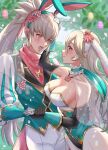  1boy 1girl alternate_costume animal_ears bare_shoulders blush breasts cleavage collar corrin_(fire_emblem) detached_collar fire_emblem fire_emblem_fates fire_emblem_heroes frilled_collar frills gloves grey_hair hair_between_eyes hairband headpat highres holding_hands husband_and_wife jewelry large_breasts leotard long_hair looking_at_another nontraditional_playboy_bunny pantyhose playboy_bunny pointy_ears ponytail puffy_sleeves red_eyes ring smile snow20200 strapless strapless_leotard takumi_(fire_emblem) tsundere wedding_ring white_gloves white_hair 