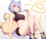  1girl :p animal_ear_fluff animal_ears animal_print bare_legs bare_shoulders black_shorts black_sports_bra food full_body highres holding holding_food knees_together_feet_apart knees_up legs looking_at_viewer midriff original popsicle purple_hair ryota_tentei scar scar_on_face short_hair shorts solo sports_bra summer sweat tail tiger_ears tiger_girl tiger_print tiger_tail tongue tongue_out tora_tentei white_background white_footwear yellow_eyes 