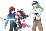  1girl 2boys :d bag belt_buckle black_headwear black_vest black_wristband blue_jacket brown_eyes brown_hair brown_pants buckle closed_eyes collared_shirt commentary_request hair_between_eyes handbag hat high_ponytail hilbert_(pokemon) hilda_(pokemon) holding_another&#039;s_wrist jacket jewelry long_sleeves multiple_boys n_(pokemon) necklace open_clothes open_mouth open_vest pants pink_bag pointing pokemon pokemon_(game) pokemon_bw red_headwear shirt shorts shoulder_bag sidelocks simple_background smile undershirt vest white_background white_headwear white_shirt y_(036_yng) 