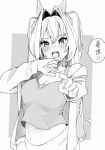  1girl animal_ears blush breasts cleavage daiwa_scarlet_(umamusume) greyscale hair_intakes hand_up highres horse_ears jacket long_hair long_sleeves monochrome navel off_shoulder open_clothes open_jacket open_mouth outstretched_arm pointing pointing_at_viewer small_breasts solo speech_bubble sweatdrop tank_top techi_(siro-white_0803) translation_request twintails umamusume upper_body 