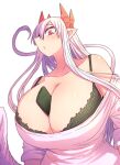  1girl between_breasts black_bra bra breasts cellphone demon_girl demon_horns feathered_wings highres holding holding_phone horns huge_breasts long_hair looking_down lorem_(mazohaha) musuko_ga_kawaikute_shikatanai_mazoku_no_hahaoya phone pointy_ears pointy_nose red_eyes red_horns smartphone tail underwear upper_body white_background white_hair white_tail white_wings wings zyugoya 