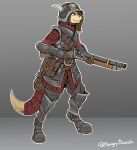  2022 anthro armor digitigrade dragon female gun headgear helmet hi_res horn hungrydazzle ranged_weapon rifle simple_background solo standing weapon 