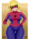  1girl absurdres arms_(game) blonde_hair blush bug cosplay food green_eyes highres marvel mask min_min_(arms) nintendo_switch noodles ramen ramenboy17 short_hair smile solo spider spider-man 