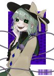  1girl :d barcode black_eyes black_headwear bow commentary green_hair green_pupils hat hat_bow heart heart-shaped_pupils highres komeiji_koishi long_sleeves looking_at_viewer open_mouth purple_background shirt short_hair smile solo symbol-only_commentary symbol-shaped_pupils teeth third_eye touhou upper_body upper_teeth_only yellow_bow yellow_shirt yomogi_0001 