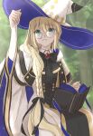  1girl apomu black_bow black_bowtie blonde_hair book bow bowtie braid braided_ponytail brooch cloak fate/grand_order fate_(series) glasses green_eyes hat highres jewelry long_hair low_ponytail sitting solo tonelico_(fate) very_long_hair white_cloak white_headwear witch_hat 