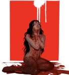  1girl black_hair blood blood_on_hands blood_stain closed_mouth commentary completely_nude english_commentary facing_up full_body hands_on_own_face highres long_hair navel necromilk nude on_floor original parted_lips sitting solo teeth 
