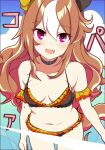  1girl alternate_costume animal_ears bikini black_bikini black_choker blue_sky breasts brown_hair choker cleavage commentary_request copano_rickey_(umamusume) ear_covers fang frilled_bikini frills hair_between_eyes highres horse_ears horse_girl long_hair looking_at_viewer multicolored_bikini multicolored_clothes multicolored_hair navel outdoors pink_eyes sky smile solo streaked_hair swimsuit umamusume wahiko_(black_bastard) white_hair 