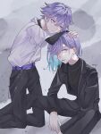  2boys absurdres aqua_hair belt black_jacket black_pants black_shirt brothers cozmez_(paradox_live) grey_background highres jacket light_purple_hair male_focus medium_hair miya_(38magical) multicolored_hair multiple_boys pants paradox_live purple_belt purple_eyes shirt short_hair siblings turtleneck twins twitter_username white_shirt yatonokami_kanata yatonokami_nayuta 