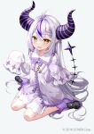  1girl ahoge braid braided_bangs commentary_request demon_horns dress frilled_dress frills fujima_takuya full_body grey_background grey_hair hair_between_eyes hololive horns la+_darknesss long_sleeves looking_at_viewer multicolored_hair official_art pointy_ears purple_hair purple_socks simple_background sitting sleeves_past_fingers sleeves_past_wrists socks solo streaked_hair wariza white_dress yellow_eyes 