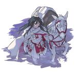  1boy armor black_hair clenched_hand cloak closed_mouth constantine_xi_(fate) cowboy_shot earrings expressionless fate/grand_order fate_(series) faulds gloves grey_eyes hair_between_eyes halo holding holding_reins horse jewelry kitada long_hair looking_at_viewer male_focus pants reins saddle simple_background solo tassel tunic wading walking water white_armor white_background white_cloak white_gloves white_horse white_pants white_tunic 