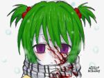  1girl blood disappointed empty_eyes expressionless green_hair hair_ornament human_experiment_(wwinterdotcom) original purple_eyes scarf solo staring winter winter_clothes 