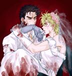  2boys battle_tendency bleeding blonde_hair blood blood_on_clothes blood_on_dress blood_on_gloves bridal_veil brown_hair caesar_anthonio_zeppeli cheek_poking closed_eyes cuts dress dress_shirt facial_mark green_eyes highres holding holding_wrench injury jojo_no_kimyou_na_bouken joseph_joestar joseph_joestar_(young) male_focus mechanical_arms mouth_hold multiple_boys off-shoulder_dress off_shoulder poking prosthesis prosthetic_arm shirt strapless strapless_dress torn_clothes torn_shirt veil wedding_dress white_dress wrench zhoujo51 