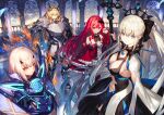  4girls absurdres armor baobhan_sith_(fate) barghest_(fate) black_dress blonde_hair cane crown dress fate/grand_order fate_(series) grey_hair hair_ornament highres long_hair looking_at_viewer melusine_(fate) morgan_le_fay_(fate) multiple_girls nakanishi_tatsuya pointy_ears ponytail red_dress red_hair sword weapon 