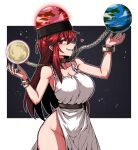  1girl alternate_hair_length alternate_hairstyle black_headwear breasts chain cleavage collarbone cowboy_shot dress earth_(ornament) formicid grin groin hair_between_eyes hecatia_lapislazuli large_breasts long_hair moon_(ornament) polos_crown red_eyes red_hair smile solo touhou white_dress 