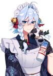  1girl alternate_costume animal apron blue_eyes bottle bow braid breasts closed_mouth cow floral_print green_bow grey_hair hair_bow hair_intakes hair_ribbon highres himadera izayoi_sakuya japanese_clothes kimono looking_at_viewer medium_breasts milk_bottle ribbon short_hair_with_long_locks side_braids simple_background smile solo touhou tress_ribbon twin_braids upper_body white_apron white_background 