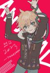  0211nami 1boy bandaid bandaid_on_face coat hands_up kagamine_len male_focus open_mouth red_background short_hair smile solo upper_body vocaloid winter_clothes winter_coat 