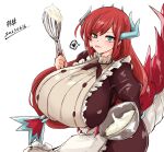  1girl absurdres apron blue_horns bowl breasts dragon dragon_girl dragon_horns dragon_tail duel_monster food food_on_face highres holding holding_bowl holding_whisk horns huge_breasts kitchen_dragonmaid maid maid_apron red_hair solo tail tkool_man tongue tongue_out whisk yu-gi-oh! 