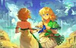  1boy 1girl 9twoeight absurdres archaic_set_(zelda) blonde_hair blue_eyes dress earrings floating_island gloves grass green_tunic highres jewelry link making-of_available master_sword pointy_ears princess_zelda ruins short_hair sword the_legend_of_zelda the_legend_of_zelda:_tears_of_the_kingdom triforce triforce_print water waterfall weapon 
