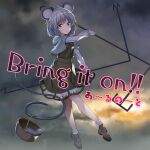  1girl album_cover animal_ears basket belldot black_footwear buttons capelet closed_mouth cloud cloudy_sky cover dowsing_rod english_text floating full_body game_cg gold_trim grey_hair grey_skirt grey_vest holding long_sleeves looking_at_viewer miniskirt mouse mouse_ears mouse_tail nazrin official_art outdoors pantyhose puffy_long_sleeves puffy_sleeves r-note red_eyes shirt shoes shore skirt skirt_set sky smile socks sun tail touhou touhou_cannonball vest white_capelet white_pantyhose white_shirt white_socks 
