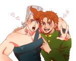  2boys arm_around_neck brown_eyes commentary_request earrings flattop gakuran grey_eyes grey_hair heart jean_pierre_polnareff jewelry jojo_no_kimyou_na_bouken kakyoin_noriaki male_focus mugicha_(zoro1132) multiple_boys muscular muscular_male open_mouth pointing pointing_at_another red_hair school_uniform smile stardust_crusaders w 