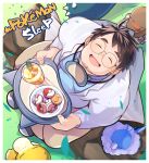  1boy :d blue_shirt border brown_hair closed_eyes coat commentary_request cookie copyright_name day diglett food from_above glass glasses highres male_focus manboobs neroli_(pokemon) open_mouth osu(statatatatatata) outdoors plate pokemon pokemon_(creature) pokemon_(game) pokemon_sleep psyduck round_eyewear shirt short_hair sitting sleep_mask smile snorlax swablu tongue tray white_border white_coat 