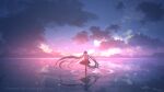  1girl aqua_hair black_skirt cloud from_behind hatsune_miku headphones headset highres long_hair outdoors reflection reflective_water rune_xiao scenery skirt sky soaking_feet solo sunset twintails very_long_hair vocaloid water 