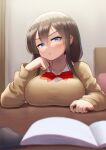  1girl annoyed bedroom blue_eyes book bow bowtie breast_rest breasts breasts_on_table brown_hair brown_sweater cellphone collared_shirt frown hand_on_own_cheek hand_on_own_face hand_on_table highres holding holding_pen indoors large_breasts long_hair long_sleeves looking_at_viewer maku_ro original parted_lips pen phone pov red_bow red_bowtie school_uniform shirt sidelocks smartphone studying sweater table upper_body white_shirt 