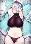  1girl absurdres amano_don aqua_jacket armpits arms_up bare_shoulders bikini black_bikini black_gloves blush breasts collarbone crop_top cupitan_(granblue_fantasy) cupitan_(summer)_(granblue_fantasy) gloves gradient_hair granblue_fantasy green_eyes green_hair grey_hair highres huge_breasts jacket long_hair long_sleeves looking_at_viewer low_twintails lying multicolored_hair navel official_alternate_costume on_back open_clothes open_jacket sideboob solo stomach swimsuit twintails very_long_hair 
